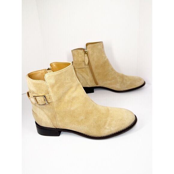 Talbots Tish  Ankle Boots Buckle Bootie Beige Suede Leather Zip Low Block Heel 8 - Picture 7 of 16
